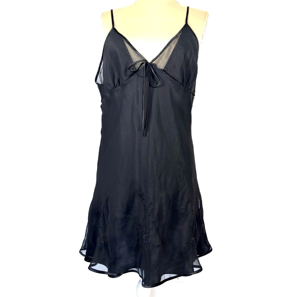 Vintage Y2K Private Luxuries Black Slip Dress XL Embroidered Whimsigoth Sheer